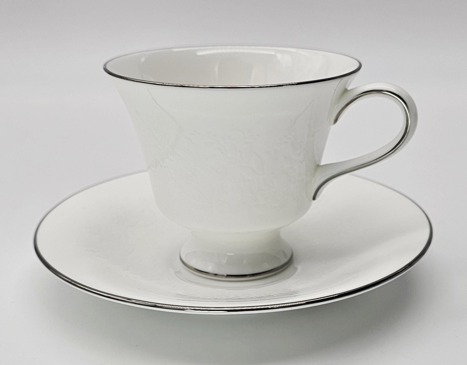 Wedgwood Wedgwood Silver Ermine Cups and Saucers, Set of 4, R4452 Contour Shape, Vintage Bone China, Elegance, Discontinued, Thanksgiving China Set - Cups & Saucers ClassyTea