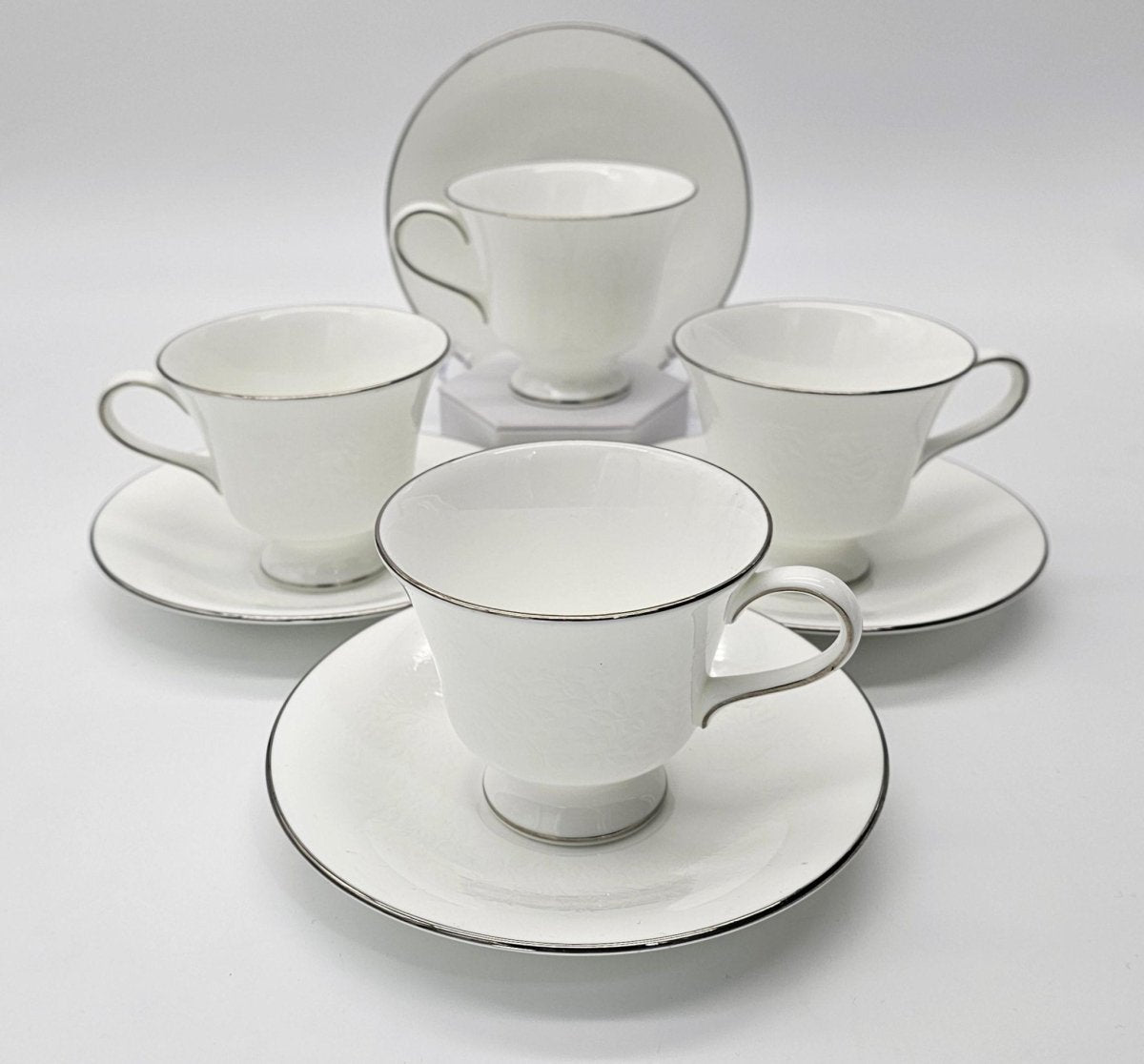 Wedgwood Wedgwood Silver Ermine Cups and Saucers, Set of 4, R4452 Contour Shape, Vintage Bone China, Elegance, Discontinued, Thanksgiving China Set - Cups & Saucers ClassyTea