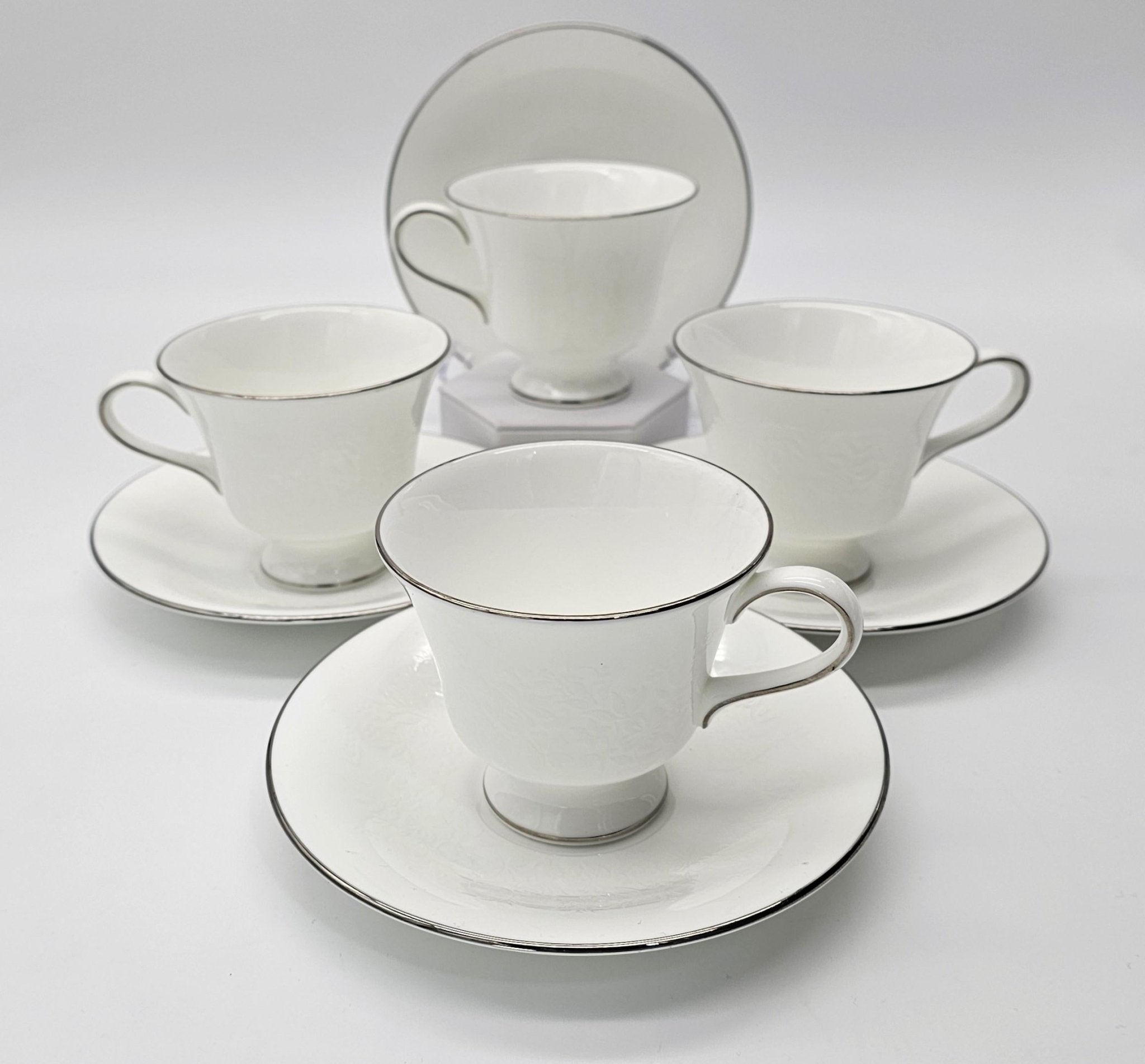 Wedgwood Wedgwood Silver Ermine Cups and Saucers, Set of 4, R4452 Contour Shape, Vintage Bone China, Elegance, Discontinued, Thanksgiving China Set - Cups & Saucers ClassyTea