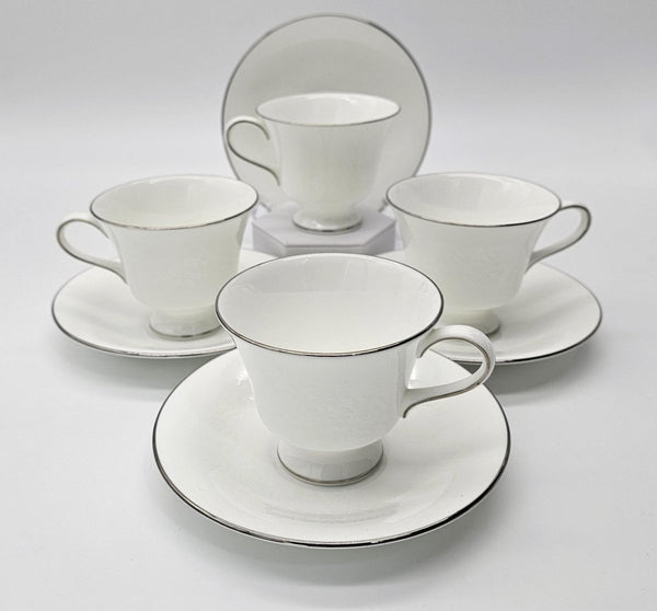 Wedgwood Wedgwood Silver Ermine Cups and Saucers, Set of 4, R4452 Contour Shape, Vintage Bone China, Elegance, Discontinued, Thanksgiving China Set - Cups & Saucers ClassyTea