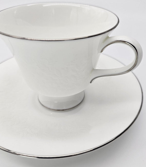 Wedgwood Wedgwood Silver Ermine Cups and Saucers, Set of 4, R4452 Contour Shape, Vintage Bone China, Elegance, Discontinued, Thanksgiving China Set - Cups & Saucers ClassyTea