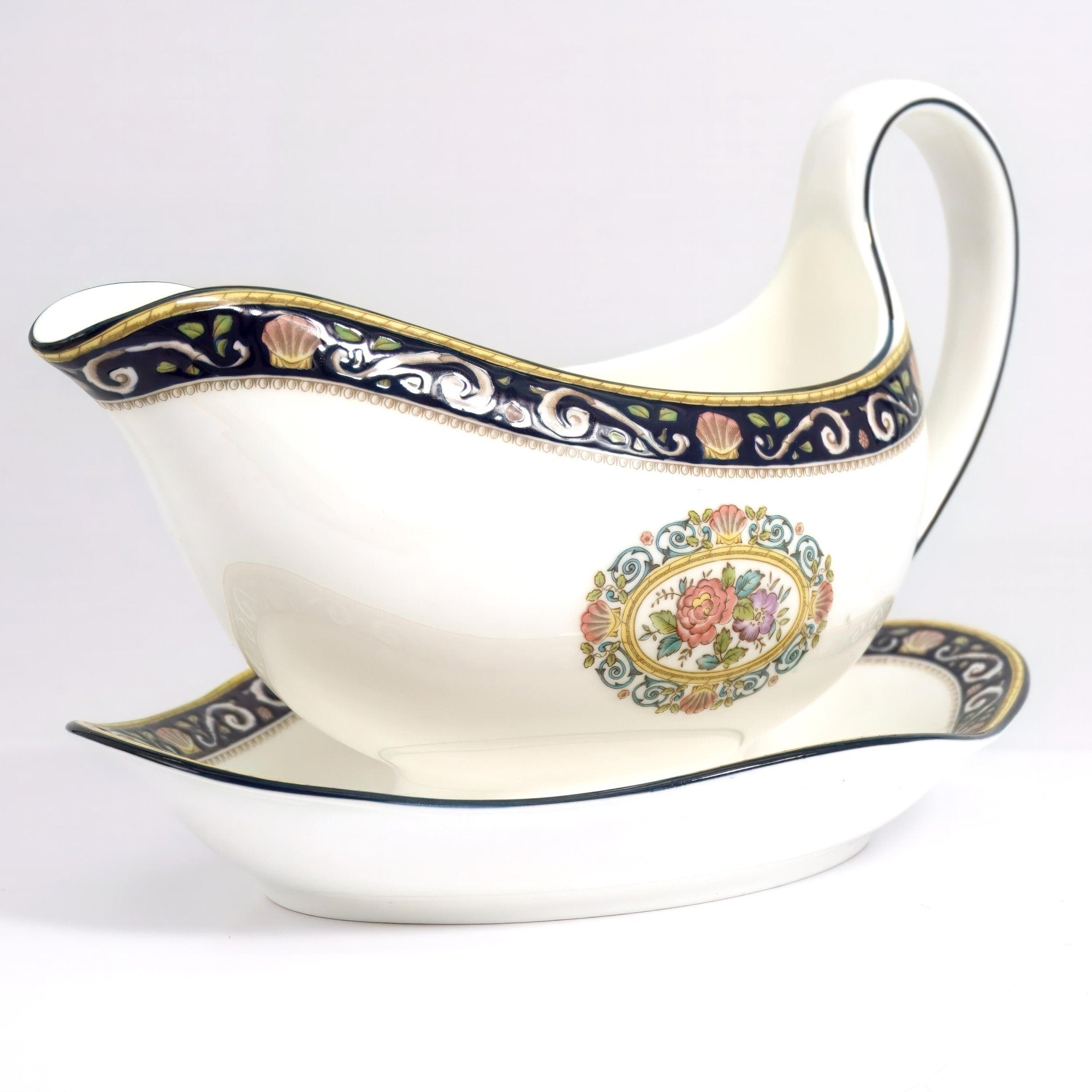 Wedgwood Wedgwood Runnymede Gravy Boat Vintage Tableware British Dinnerware Navy Blue Shell Coastal Gravy Boat Wedding Gift Bridal Registry Daughter - Gravy Boat ClassyTea
