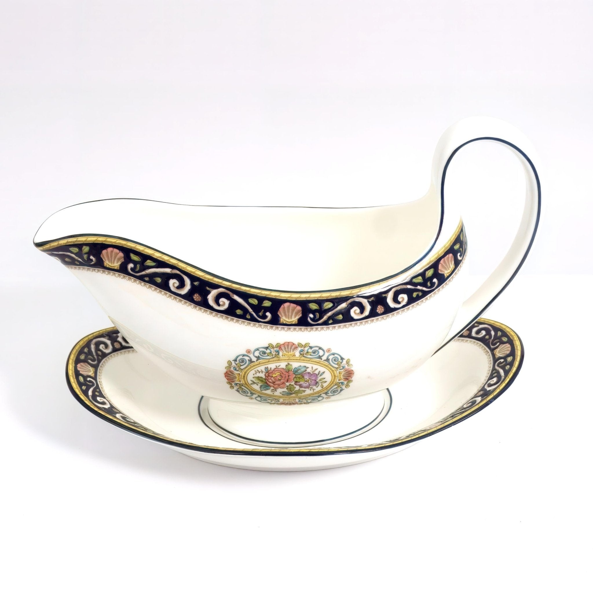 Wedgwood Wedgwood Runnymede Gravy Boat Vintage Tableware British Dinnerware Navy Blue Shell Coastal Gravy Boat Wedding Gift Bridal Registry Daughter - Gravy Boat ClassyTea