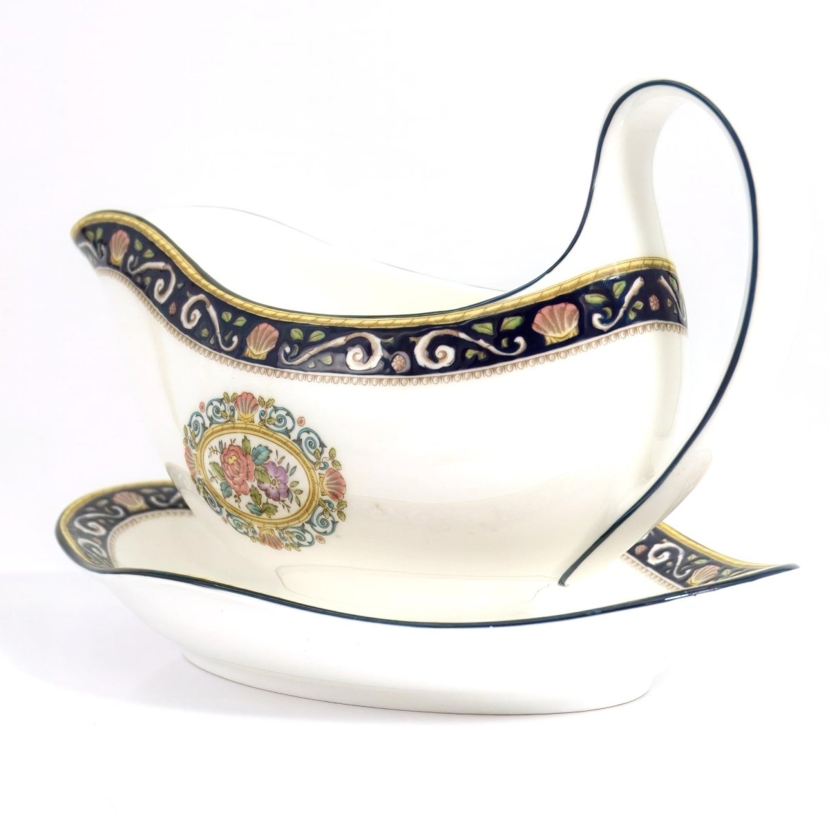 Wedgwood Wedgwood Runnymede Gravy Boat Vintage Tableware British Dinnerware Navy Blue Shell Coastal Gravy Boat Wedding Gift Bridal Registry Daughter - Gravy Boat ClassyTea