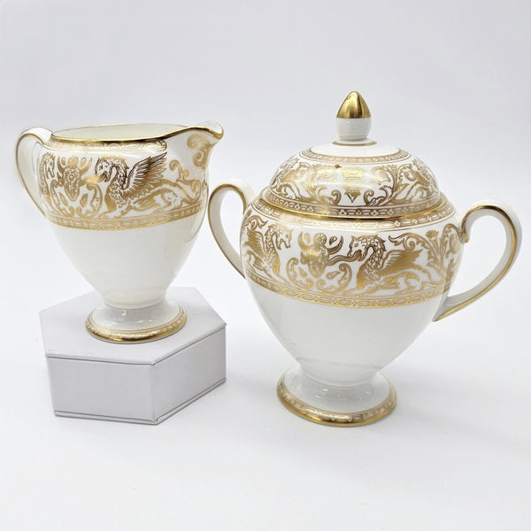 Wedgwood Wedgwood Florentine Gold Globe Shape Creamer and Lidded Sugar Bowl Set – Fine Bone China, Gold Dragons On White | Stunning Estate Dinnerware - Porcelain Sugar Bowl & Creamer Set ClassyTea