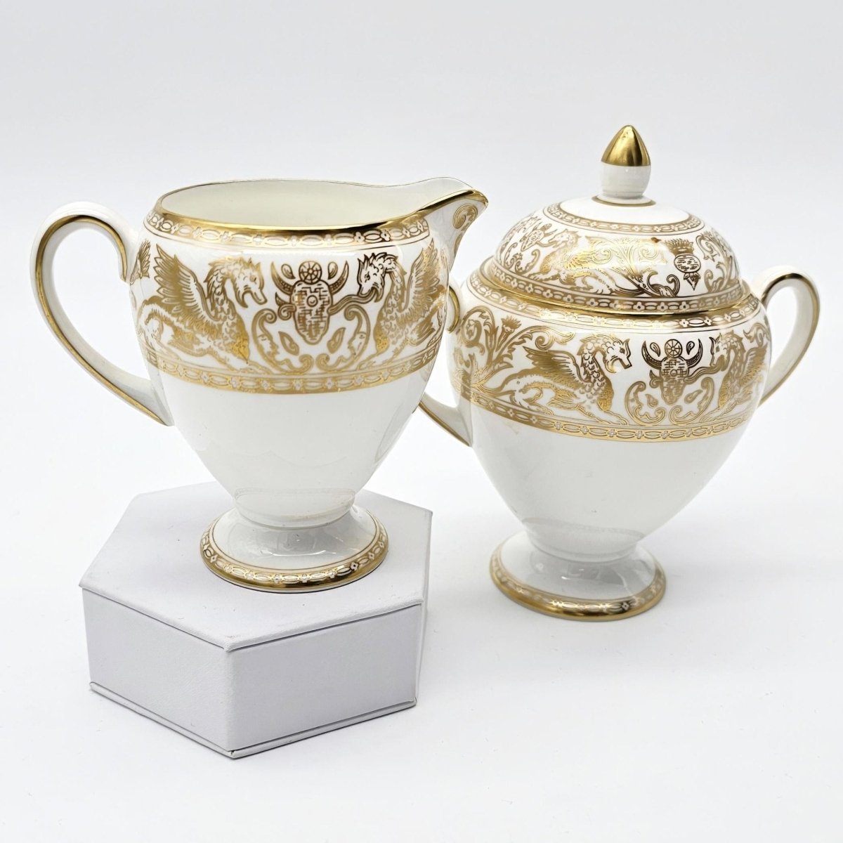 Wedgwood Wedgwood Florentine Gold Globe Shape Creamer and Lidded Sugar Bowl Set – Fine Bone China, Gold Dragons On White | Stunning Estate Dinnerware - Porcelain Sugar Bowl & Creamer Set ClassyTea