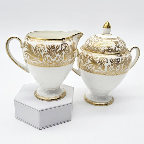 Wedgwood Wedgwood Florentine Gold Globe Shape Creamer and Lidded Sugar Bowl Set – Fine Bone China, Gold Dragons On White | Stunning Estate Dinnerware - Porcelain Sugar Bowl & Creamer Set ClassyTea
