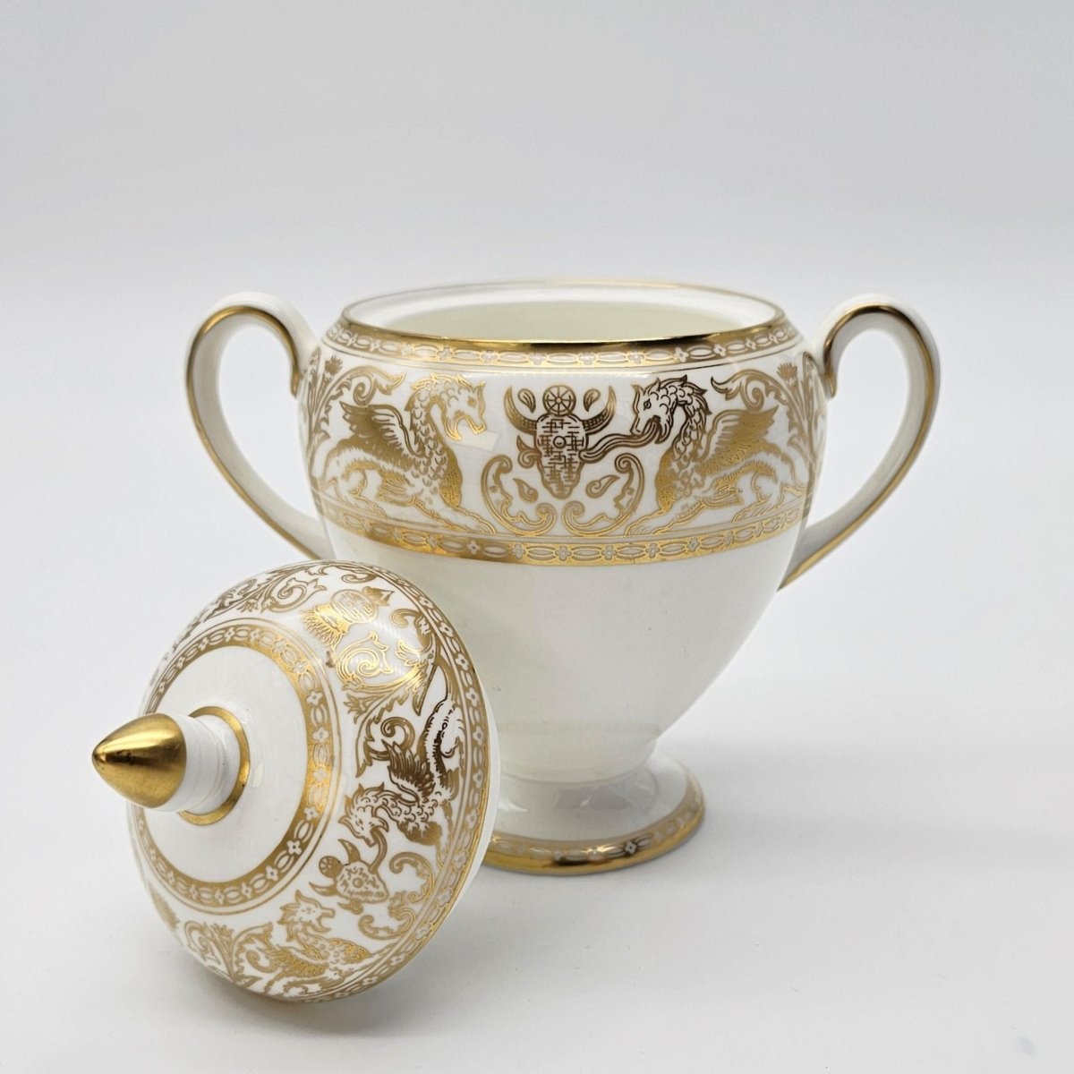 Wedgwood Wedgwood Florentine Gold Globe Shape Creamer and Lidded Sugar Bowl Set – Fine Bone China, Gold Dragons On White | Stunning Estate Dinnerware - Porcelain Sugar Bowl & Creamer Set ClassyTea