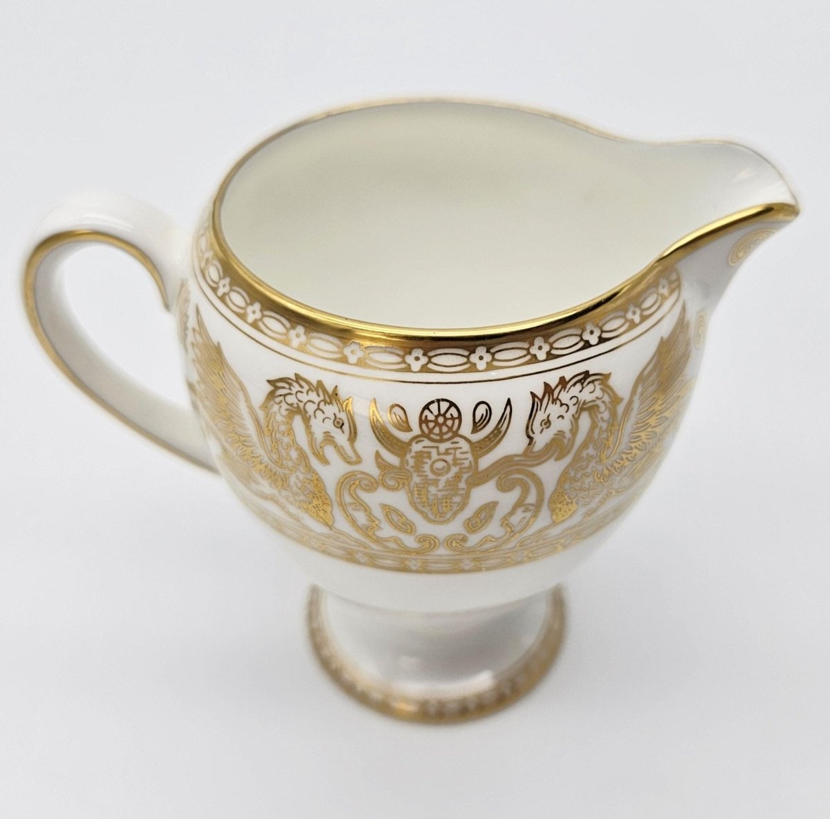 Wedgwood Wedgwood Florentine Gold Globe Shape Creamer and Lidded Sugar Bowl Set – Fine Bone China, Gold Dragons On White | Stunning Estate Dinnerware - Porcelain Sugar Bowl & Creamer Set ClassyTea