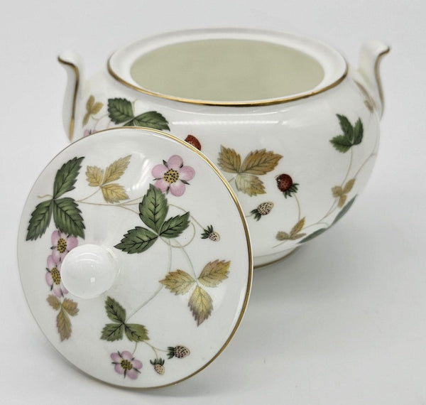 Wedgwood Wedgwood Wild Strawberry Sugar Bowl with Lid and Creamer Set, Fine Bone China, Red Strawberry, Pink Blossoms, Gold Band - Porcelain Sugar Bowl & Creamer Set ClassyTea