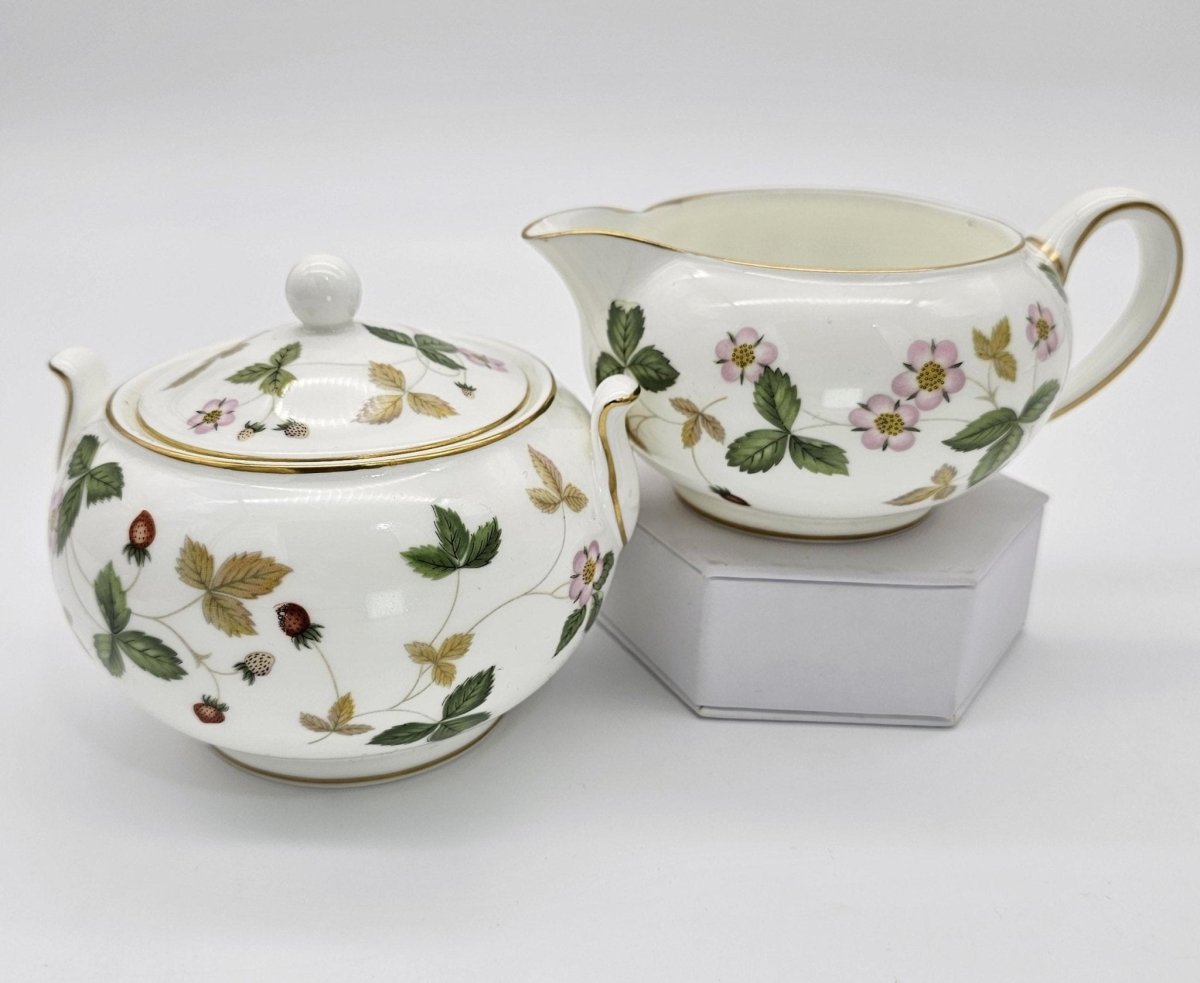 Wedgwood Wedgwood Wild Strawberry Sugar Bowl with Lid and Creamer Set, Fine Bone China, Red Strawberry, Pink Blossoms, Gold Band - Porcelain Sugar Bowl & Creamer Set ClassyTea