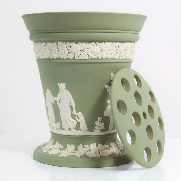 Wedgwood Wedgwood Jasperware Sage Green Vase w/ Lid | Frog Flower Planter Neoclassical Olive Wedgewood Victorian Antique Vintage Canister Stash Cache - Porcelain Vase ClassyTea