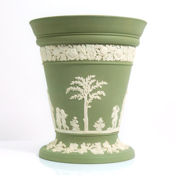 Wedgwood Wedgwood Jasperware Sage Green Vase w/ Lid | Frog Flower Planter Neoclassical Olive Wedgewood Victorian Antique Vintage Canister Stash Cache - Porcelain Vase ClassyTea