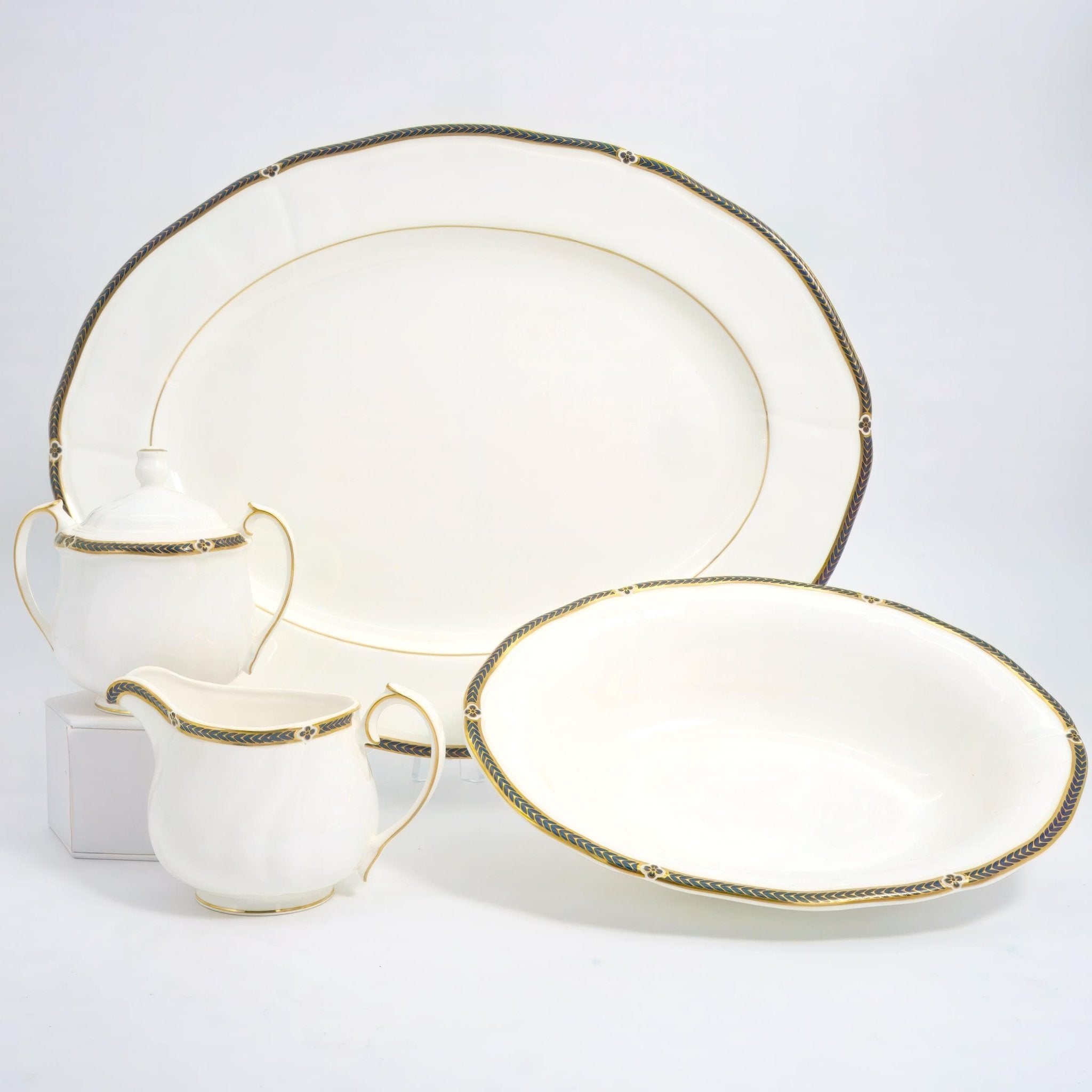 Wedgwood Wedgwood Royal Lapis Fine China Hostess Set | Royal Blue with 22kt Gold Band Vintage Dinnerware Full Wedding Gift Scalloped Platter Bowl - Serving Set ClassyTea