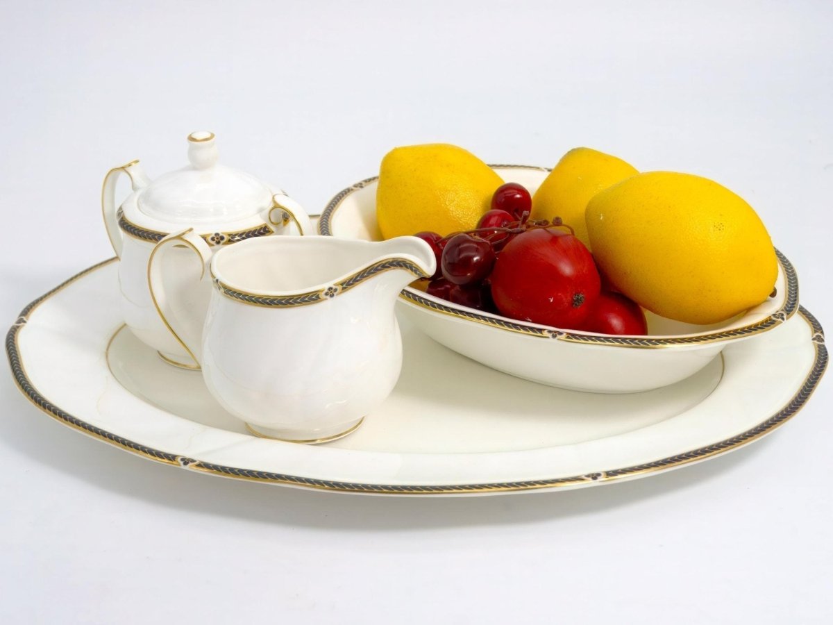 Wedgwood Wedgwood Royal Lapis Fine China Hostess Set | Royal Blue with 22kt Gold Band Vintage Dinnerware Full Wedding Gift Scalloped Platter Bowl - Serving Set ClassyTea