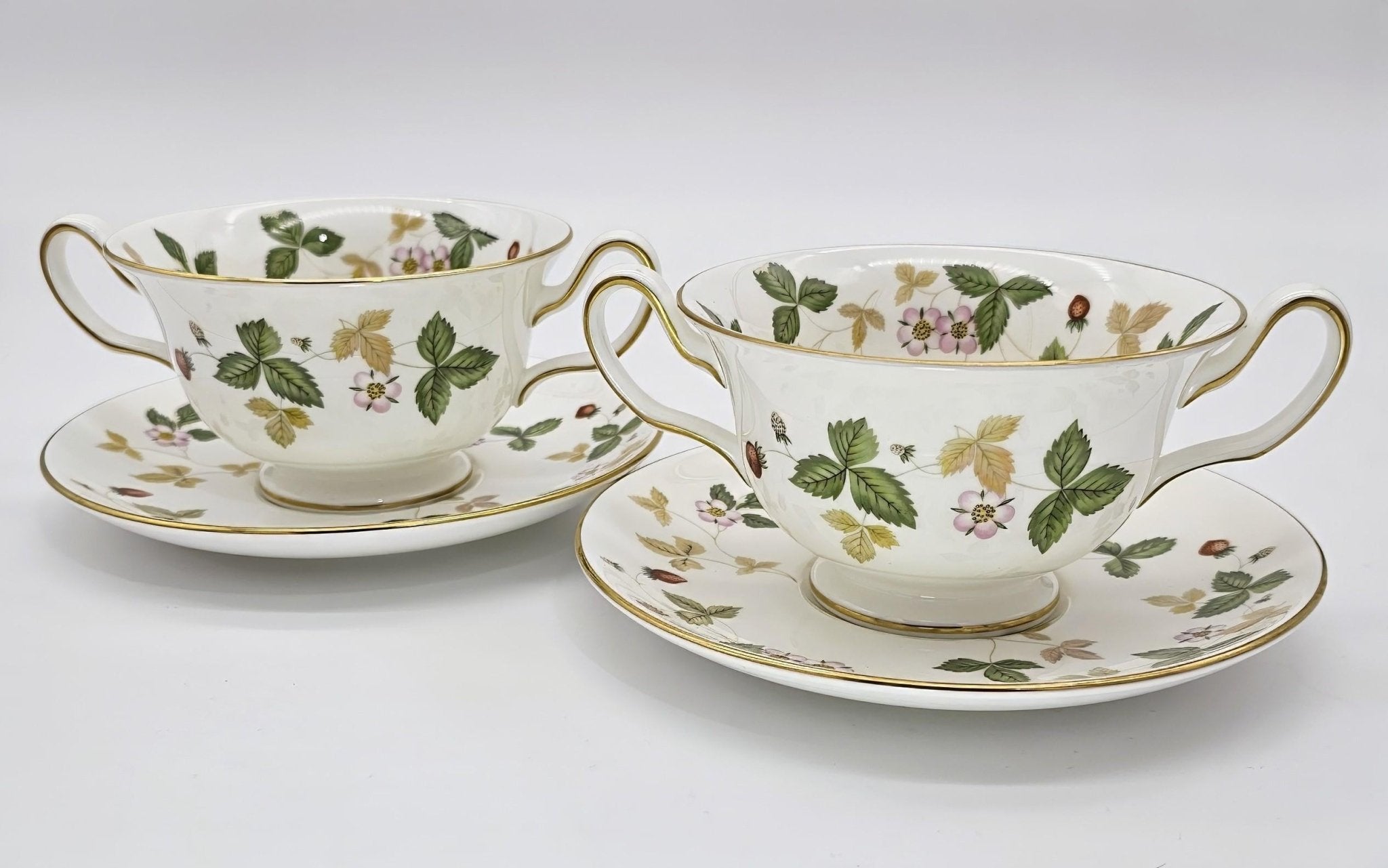 Wedgwood Wedgwood Wild Strawberry Footed Cream Soup Bowl with Saucer, Fine Bone China, Discontinued Red Strawberry, Pink Blossoms, Gold Band - Soup Bowl ClassyTea