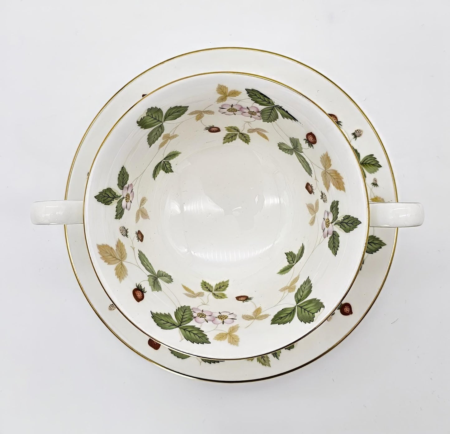 Wedgwood Wedgwood Wild Strawberry Footed Cream Soup Bowl with Saucer, Fine Bone China, Discontinued Red Strawberry, Pink Blossoms, Gold Band - Soup Bowl ClassyTea