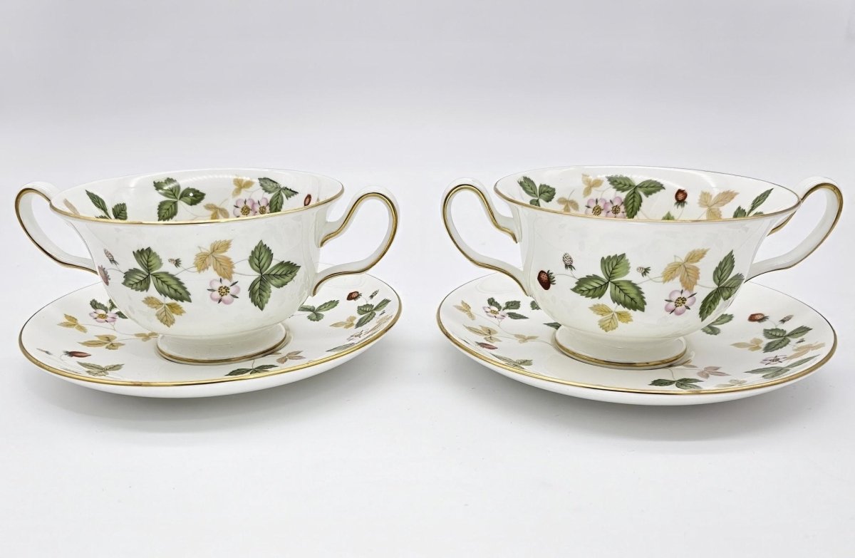 Wedgwood Wedgwood Wild Strawberry Footed Cream Soup Bowl with Saucer, Fine Bone China, Discontinued Red Strawberry, Pink Blossoms, Gold Band - Soup Bowl ClassyTea