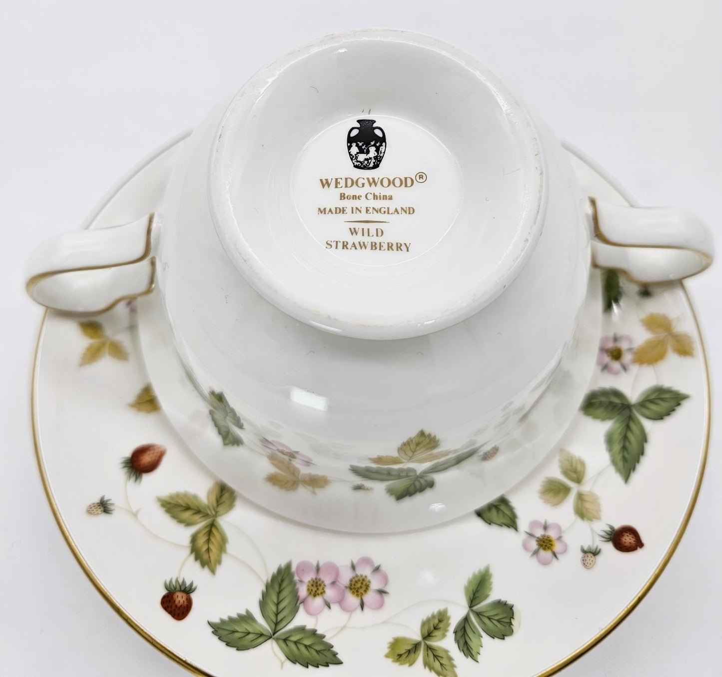 Wedgwood Wedgwood Wild Strawberry Footed Cream Soup Bowl with Saucer, Fine Bone China, Discontinued Red Strawberry, Pink Blossoms, Gold Band - Soup Bowl ClassyTea