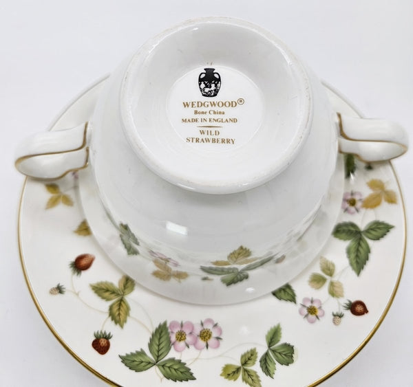 Wedgwood Wedgwood Wild Strawberry Footed Cream Soup Bowl with Saucer, Fine Bone China, Discontinued Red Strawberry, Pink Blossoms, Gold Band - Soup Bowl ClassyTea