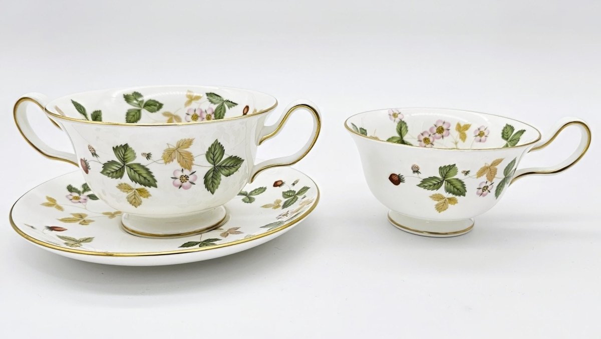 Wedgwood Wedgwood Wild Strawberry Footed Cream Soup Bowl with Saucer, Fine Bone China, Discontinued Red Strawberry, Pink Blossoms, Gold Band - Soup Bowl ClassyTea