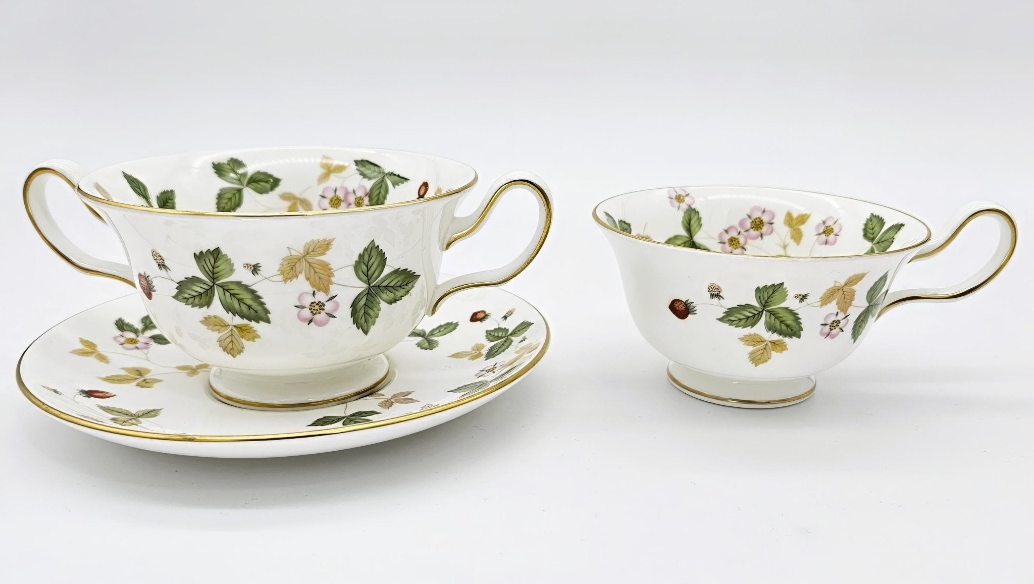 Wedgwood Wedgwood Wild Strawberry Footed Cream Soup Bowl with Saucer, Fine Bone China, Discontinued Red Strawberry, Pink Blossoms, Gold Band - Soup Bowl ClassyTea