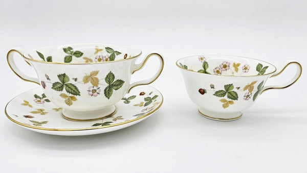 Wedgwood Wedgwood Wild Strawberry Footed Cream Soup Bowl with Saucer, Fine Bone China, Discontinued Red Strawberry, Pink Blossoms, Gold Band - Soup Bowl ClassyTea