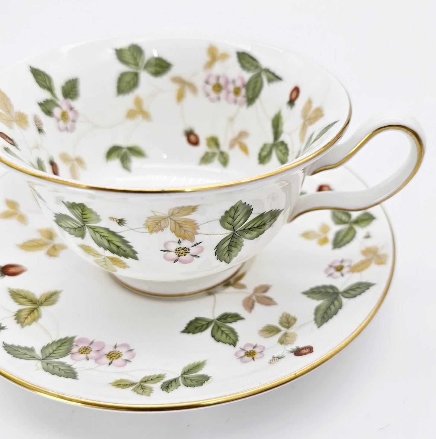 Wedgwood Wedgwood Wild Strawberry Footed Cream Soup Bowl with Saucer, Fine Bone China, Discontinued Red Strawberry, Pink Blossoms, Gold Band - Soup Bowl ClassyTea