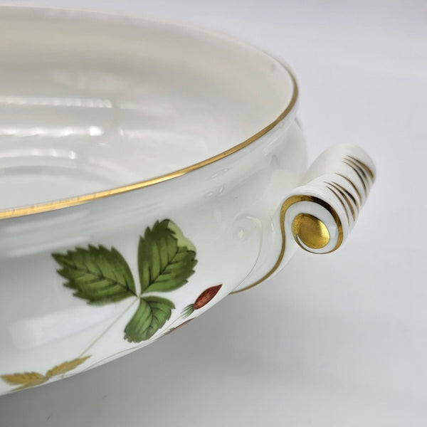 Wedgwood Wedgwood Wild Strawberry Round Covered Vegetable Bowl, 8 1/8", Fine Bone China, Discontinued Red Strawberry, Pink Blossoms, Gold Band - Vegetable Bowl ClassyTea