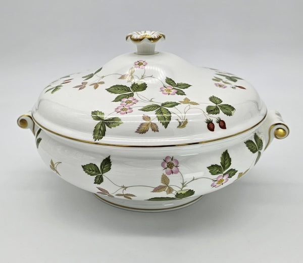 Wedgwood Wedgwood Wild Strawberry Round Covered Vegetable Bowl, 8 1/8", Fine Bone China, Discontinued Red Strawberry, Pink Blossoms, Gold Band - Vegetable Bowl ClassyTea