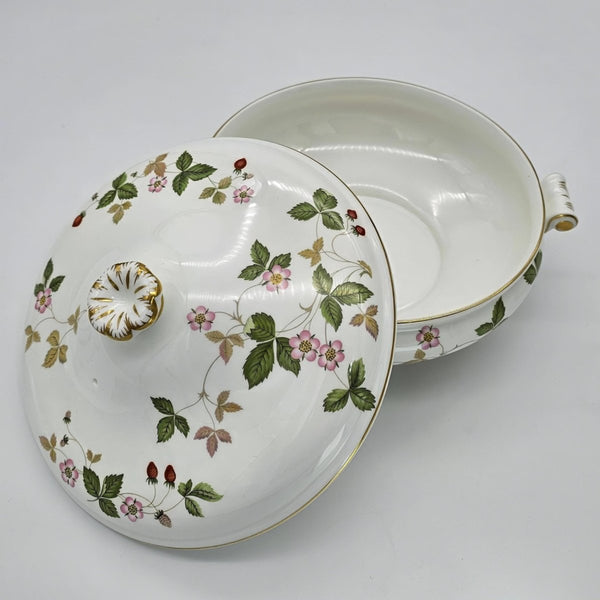Wedgwood Wedgwood Wild Strawberry Round Covered Vegetable Bowl, 8 1/8", Fine Bone China, Discontinued Red Strawberry, Pink Blossoms, Gold Band - Vegetable Bowl ClassyTea