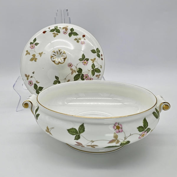 Wedgwood Wedgwood Wild Strawberry Round Covered Vegetable Bowl, 8 1/8", Fine Bone China, Discontinued Red Strawberry, Pink Blossoms, Gold Band - Vegetable Bowl ClassyTea