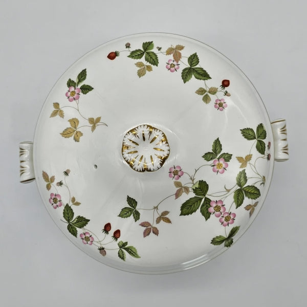 Wedgwood Wedgwood Wild Strawberry Round Covered Vegetable Bowl, 8 1/8", Fine Bone China, Discontinued Red Strawberry, Pink Blossoms, Gold Band - Vegetable Bowl ClassyTea