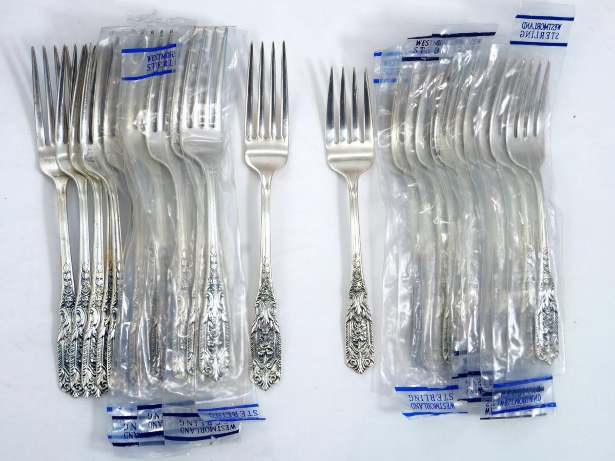 Westmorland 1940s Sterling Silver Flatware Set for 12 Westmorland Milburn Rose Silverware 48 piece Gift for 25h Anniversary Gift Floral Knives Forks - Sterling Silver Flatware Set ClassyTea