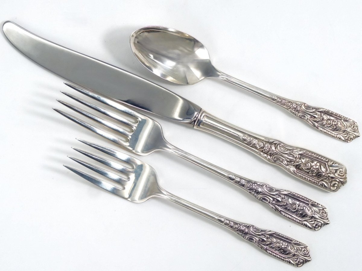 Westmorland 1940s Sterling Silver Flatware Set for 12 Westmorland Milburn Rose Silverware 48 piece Gift for 25h Anniversary Gift Floral Knives Forks - Sterling Silver Flatware Set ClassyTea