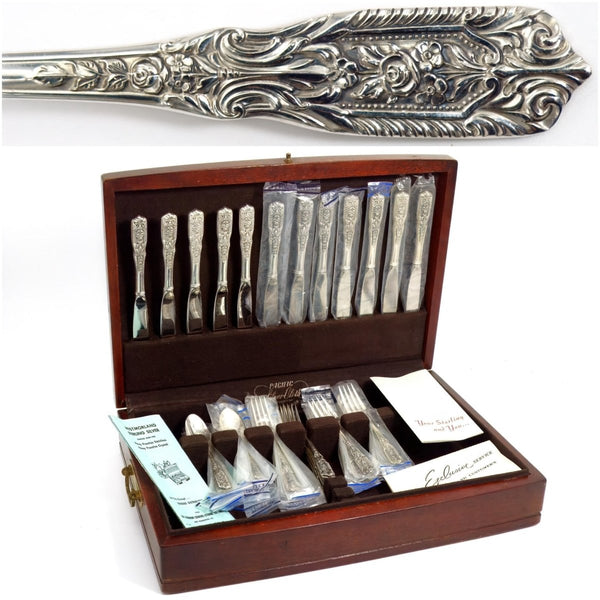 Westmorland 1940s Sterling Silver Flatware Set for 12 Westmorland Milburn Rose Silverware 48 piece Gift for 25h Anniversary Gift Floral Knives Forks - Sterling Silver Flatware Set ClassyTea