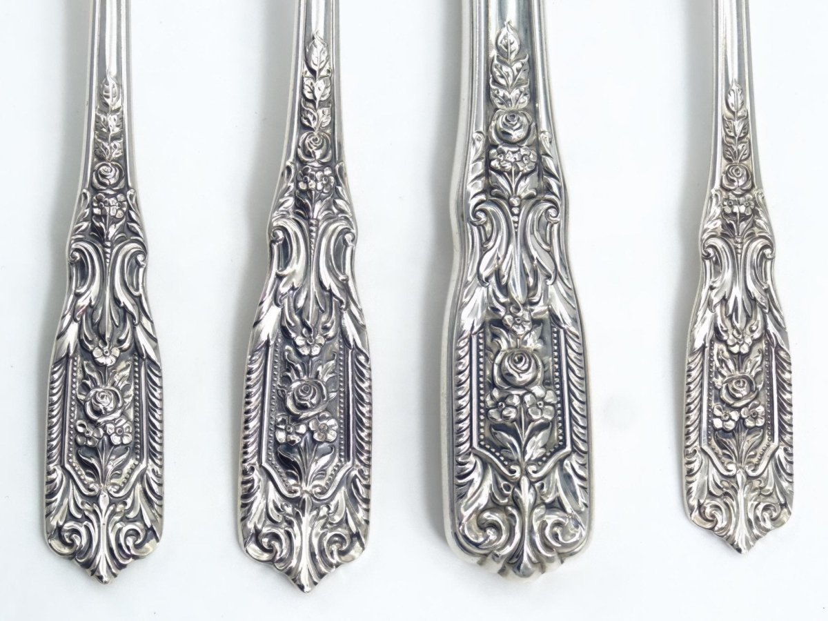 Westmorland 1940s Sterling Silver Flatware Set for 12 Westmorland Milburn Rose Silverware 48 piece Gift for 25h Anniversary Gift Floral Knives Forks - Sterling Silver Flatware Set ClassyTea