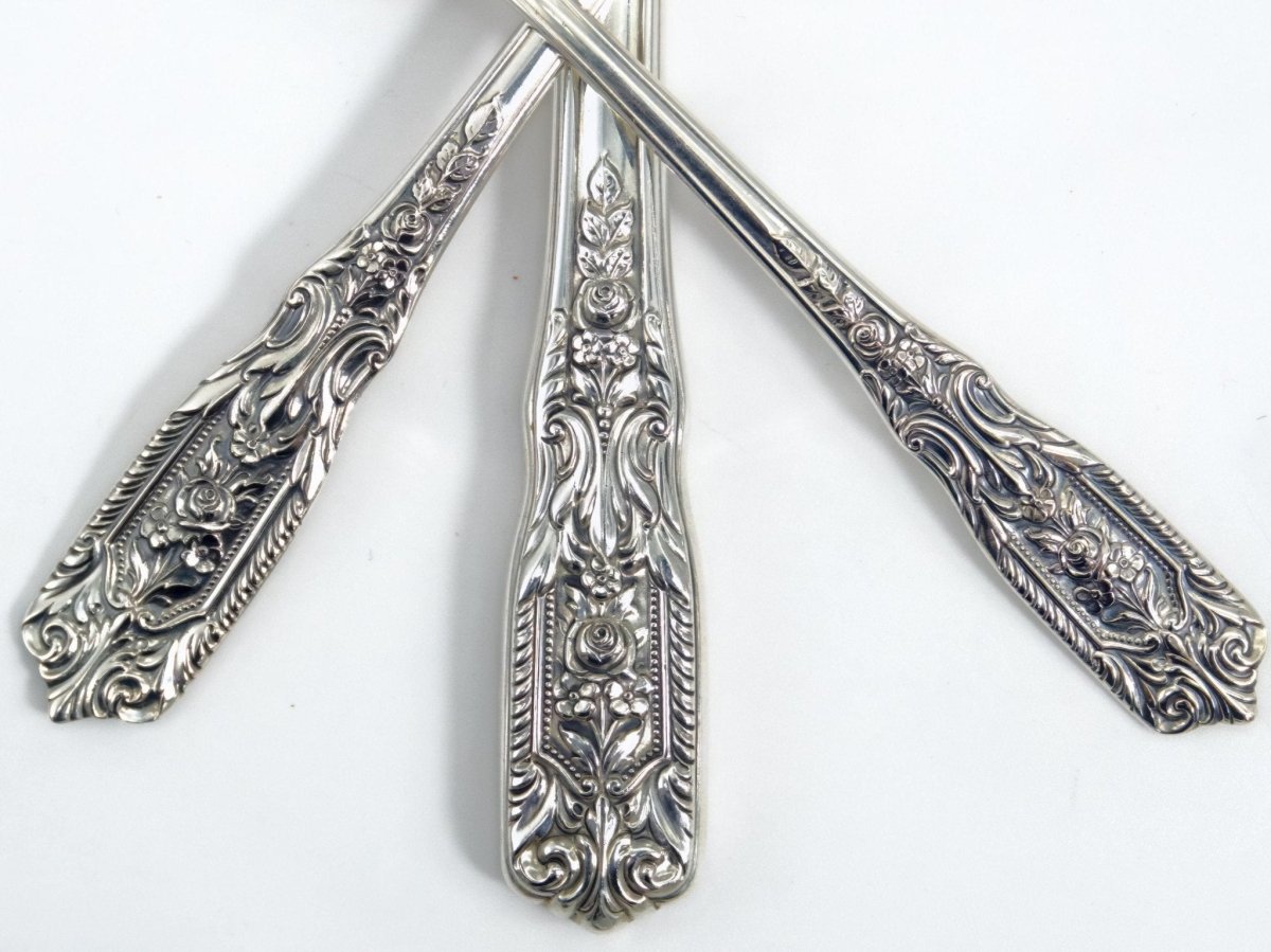 Westmorland 1940s Sterling Silver Flatware Set for 12 Westmorland Milburn Rose Silverware 48 piece Gift for 25h Anniversary Gift Floral Knives Forks - Sterling Silver Flatware Set ClassyTea