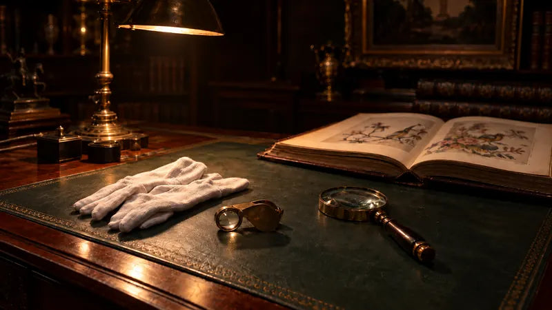 White gloves, a jeweller’s loupe and a magnifier beside an open reference book