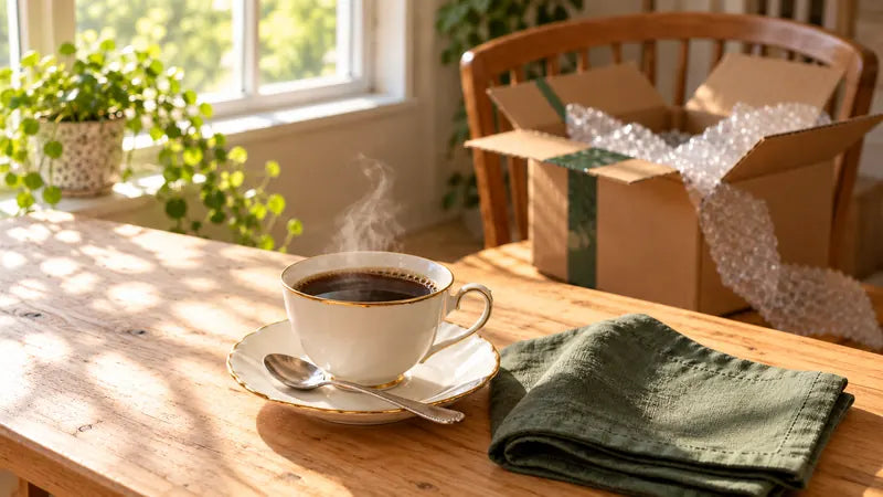 A gold-rimmed teacup on a table beside an opened parcel with its packing
