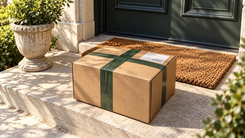 A parcel tied with green tape on a front step
