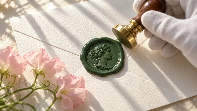 A green wax seal pressed onto a cream envelope with a brass stamp